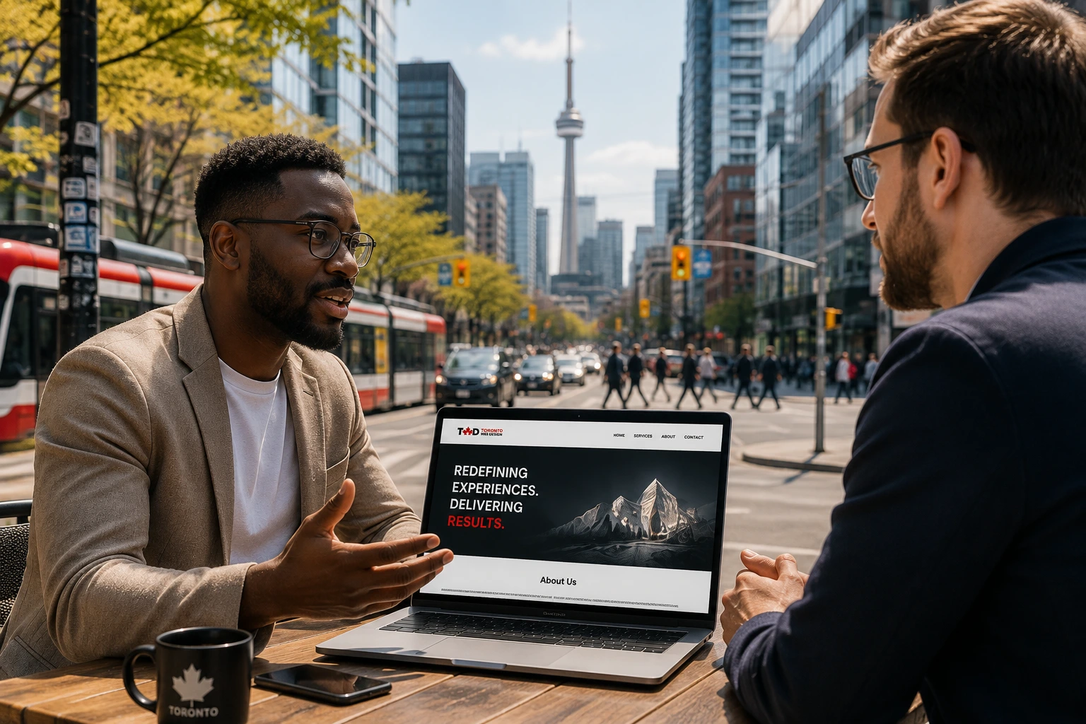Toronto Web Design consultant discussing a custom website project with a client at a downtown cafe with the CN Tower in the background
